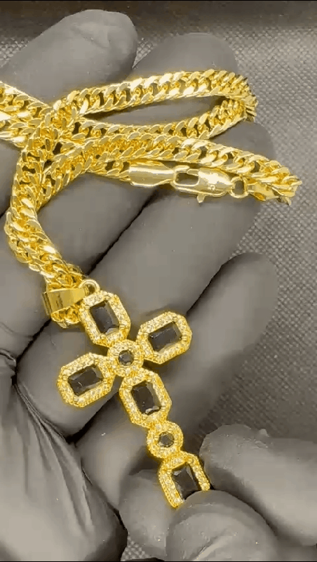 Big black stone and small white stone cross + necklace 14k goldplated